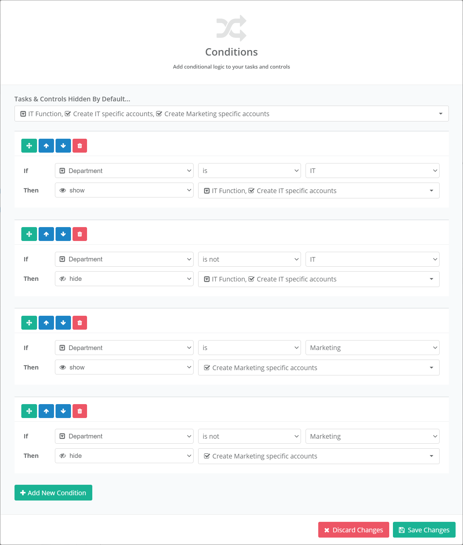 Create your rules using the 'Conditions' popup form