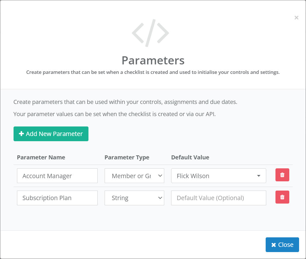 Template Parameters Popup