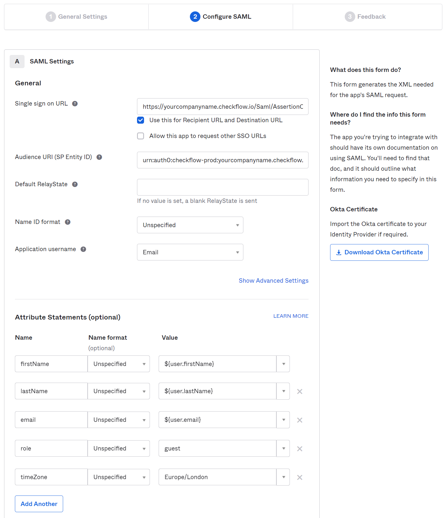 Configure SAML Settings