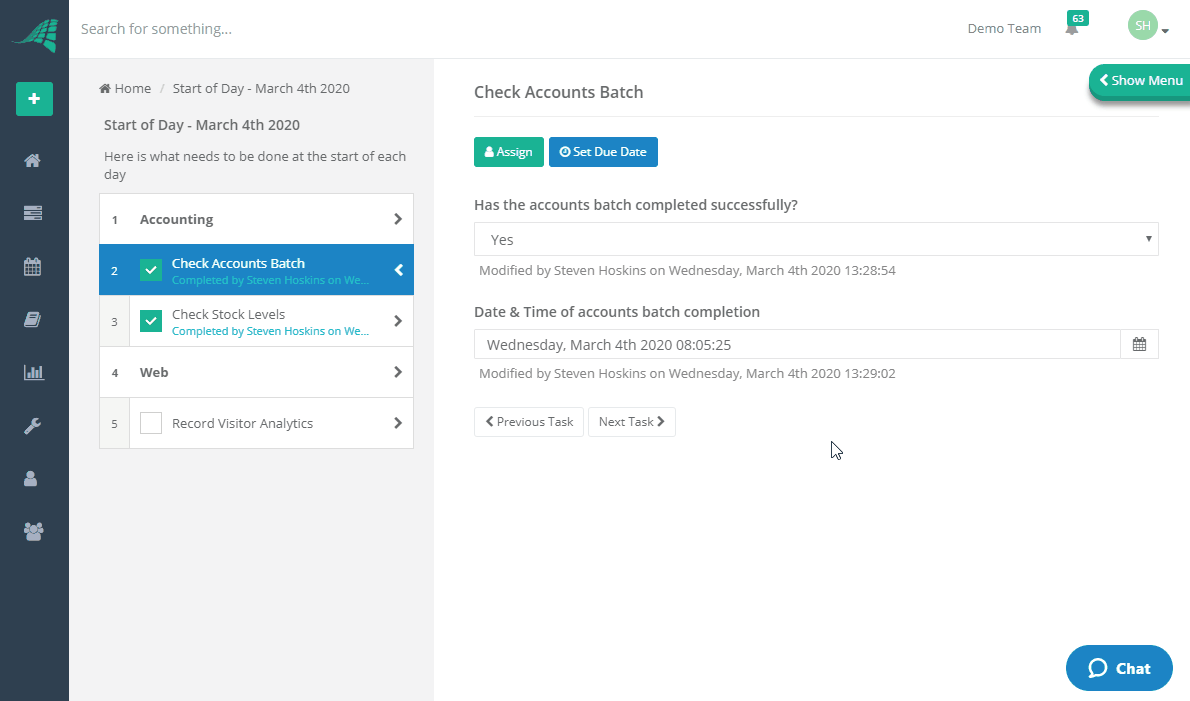 View Checklist in Dashboard and Complete Task